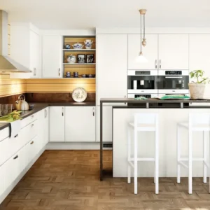 White Kitchen Cabinet Design with Built-In Kitchen Appliances (Source: Newmatic Kenya)
